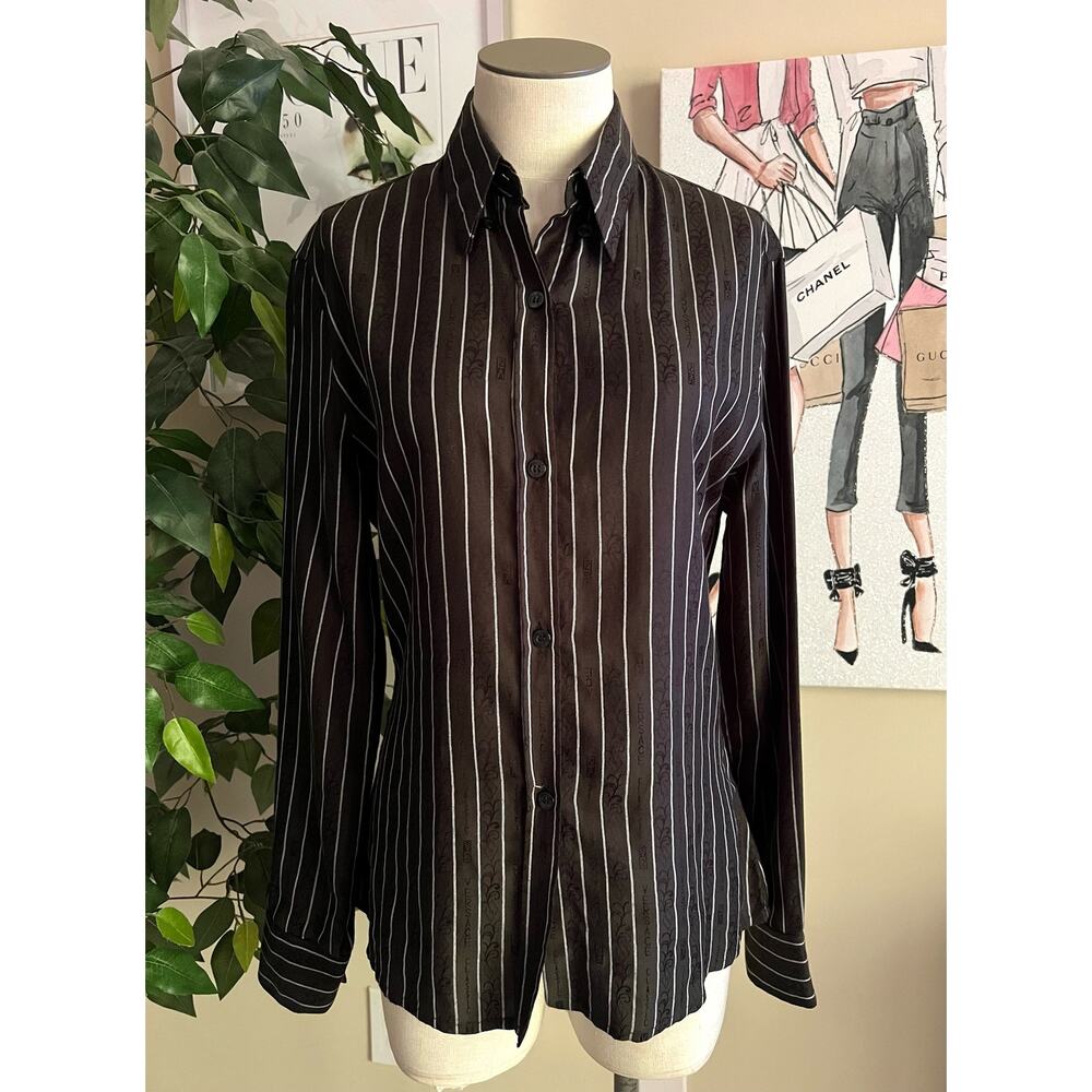 Vintage 90s Versace Classic V2 Black Stripe Logo Button Up Designer Shirt Sz 40